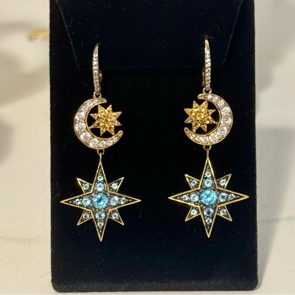 18k Gold Multi-Gemstone Celestial Star and Moon Earrings - Picture 7 of 8